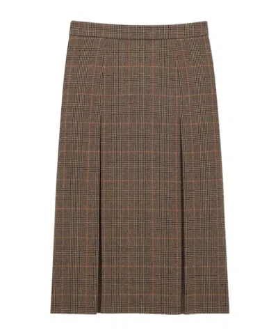 Saint Laurent Grey Midi Skirt With Side Concealed Zip Closure And All-over Check Motif In Wool And Cashmere Woman In Brown