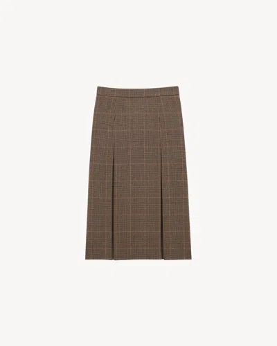 Saint Laurent Grey Midi Skirt With Side Concealed Zip Closure And All-over Check Motif In Wool And Cashmere Woman In Brown