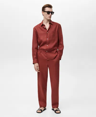 Mango Men's Elastic Waistband Linen Pants In Brown