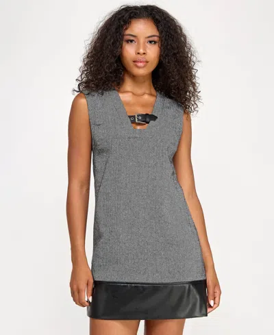 Seni & Cade Juniors' Faux Leather Trim A-line Dress In Gray
