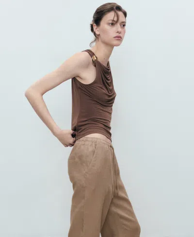 Mango Linen Trousers With Drawstring Medium Brown In Brown