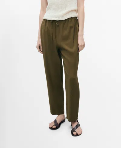 Mango Drawstring Flowy Trousers Khaki In Green