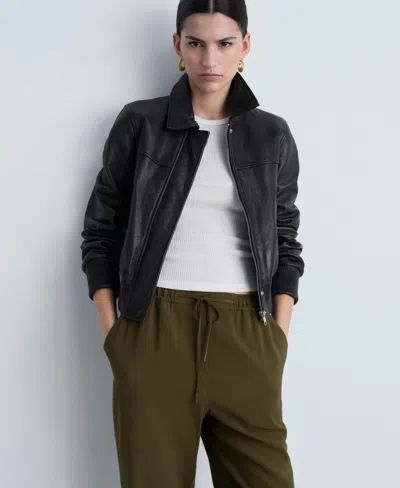 Mango Drawstring Flowy Trousers Khaki In Green