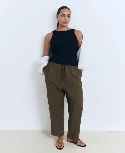 Mango Drawstring Flowy Trousers Khaki In Green