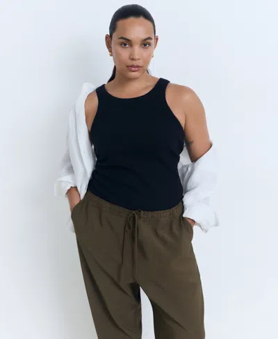 Mango Drawstring Flowy Trousers Khaki In Green