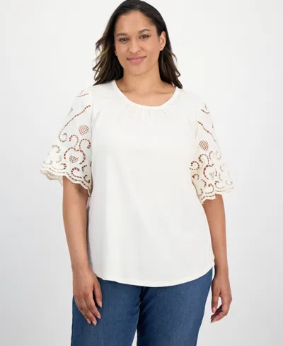 Style & Co Plus Size Crewneck Eyelet-short-sleeve Top, Exclusively At Macy's In White