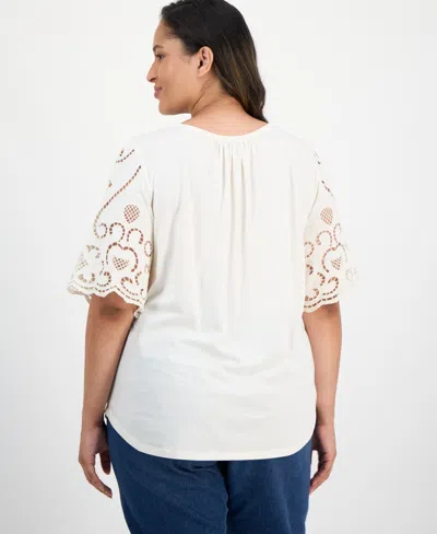 Style & Co Plus Size Crewneck Eyelet-short-sleeve Top, Exclusively At Macy's In White