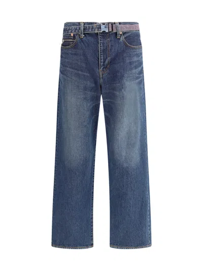 Sacai Belted Zip-pocket Jeans In Blue