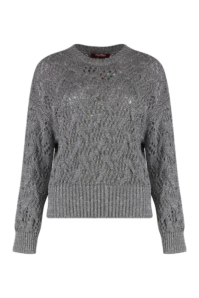 Max Mara Cropped Grey Open-knit Sweater With Metallic Finish In Gray