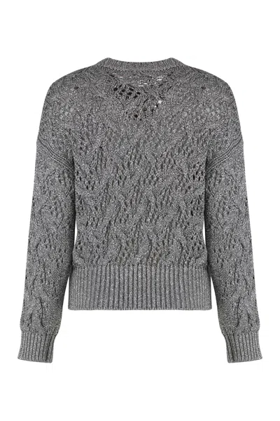 Max Mara Cropped Grey Open-knit Sweater With Metallic Finish In Gray