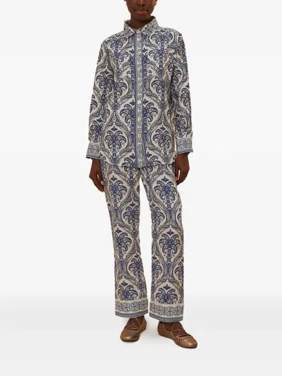 Farm Rio Blue Tropical Cameo Off-white Pajama Pants Blue Tropical Cameo Off-white
