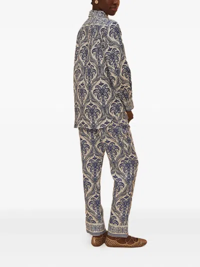 Farm Rio Blue Tropical Cameo Off-white Pajama Pants Blue Tropical Cameo Off-white