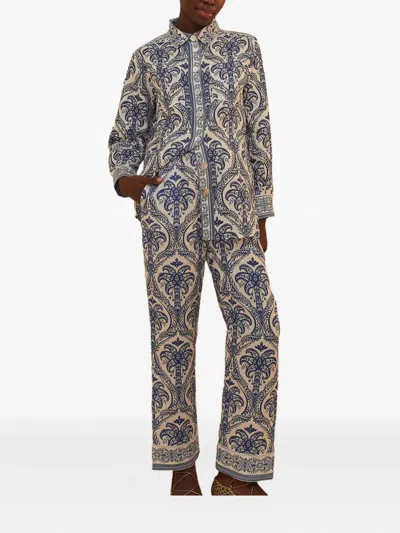 Farm Rio Blue Tropical Cameo Off-white Pajama Pants Blue Tropical Cameo Off-white