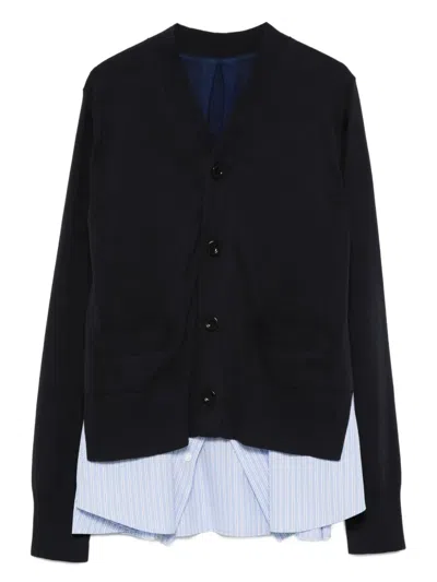 Sacai Cotton Cardigan With Mesh Inserts In Blue