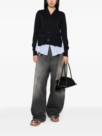 Sacai Cotton Cardigan With Mesh Inserts In Blue