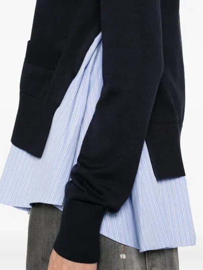 Sacai Cotton Cardigan With Mesh Inserts In Blue