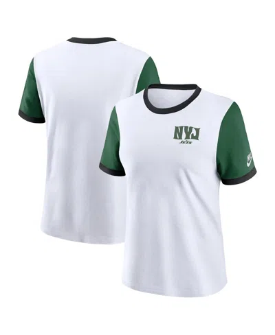 Nike Women's White New York Jets Rewind Ringer Tri-blend T-shirt In White