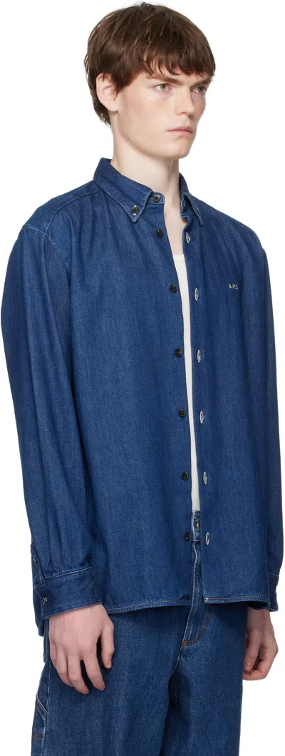 Apc A.p.c. Button-down Denim Shirt With Logo Detail In Blue