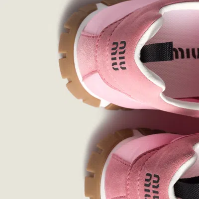 Miu Miu Tyre Sneakers In Technical Fabric And Suede Shoes In Pink