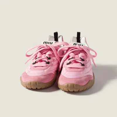 Miu Miu Tyre Sneakers In Technical Fabric And Suede Shoes In Pink