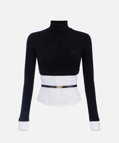 Elisabetta Franchi Turtleneck Top With Contrasting Poplin Insert And Logo Buckle In Black