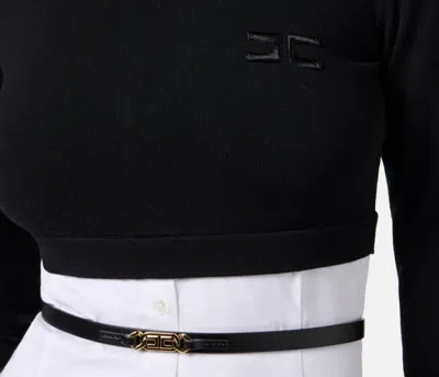 Elisabetta Franchi Turtleneck Top With Contrasting Poplin Insert And Logo Buckle In Black