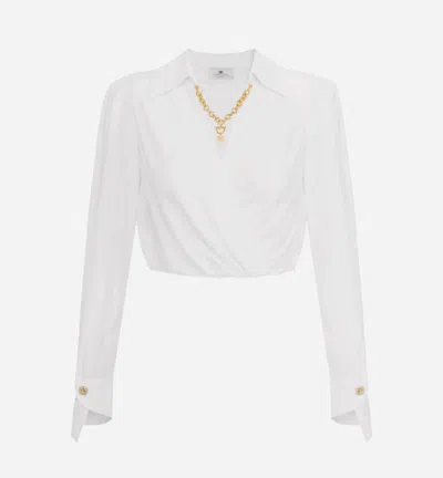 Elisabetta Franchi Cropped Shirt With Golden Chain And Padded Shoulders In White