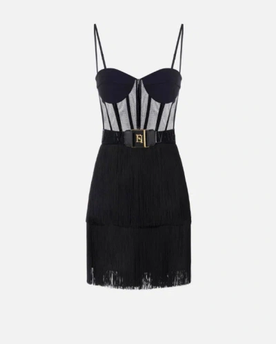 Elisabetta Franchi Mini Dress In Tulle And Fringes In Black