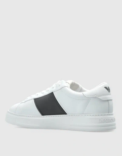 Emporio Armani Calf Leather Grained Texture Sneakers In White