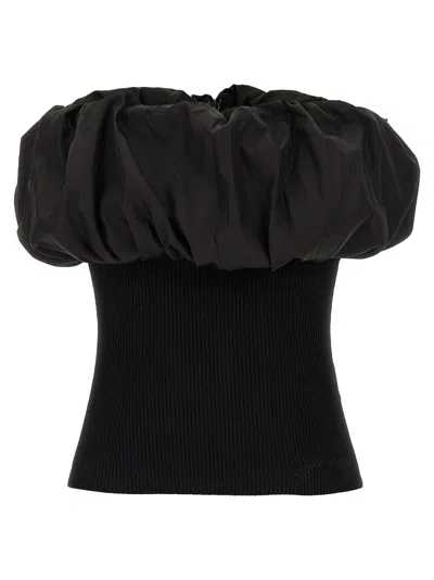 Ganni Black Ribbed Knit Top With Off-shoulder Design In Black