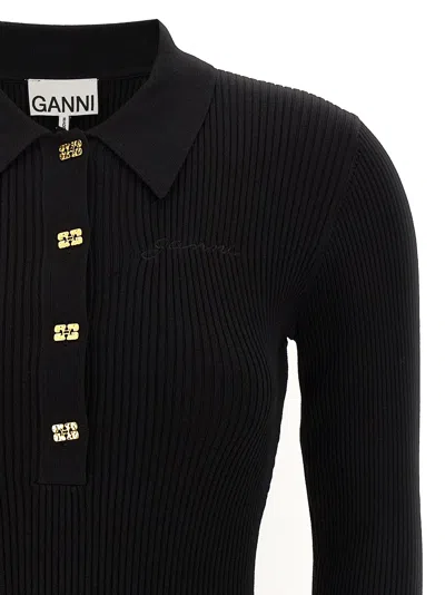 Ganni Black Flared Dress With Ribbed Details In Black