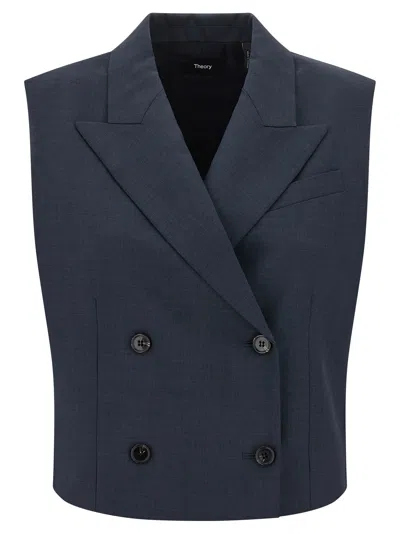 Theory Slightly Cropped Double-breasted Vest With Peak Lapels In Blue