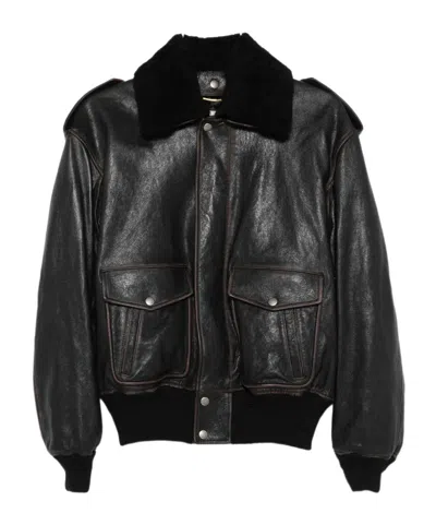 Saint Laurent Black Jacket With Removable Fur Collar In Leather Woman In Animal Print