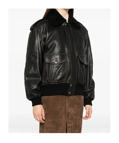 Saint Laurent Black Jacket With Removable Fur Collar In Leather Woman In Animal Print