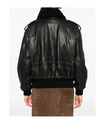 Saint Laurent Black Jacket With Removable Fur Collar In Leather Woman In Animal Print