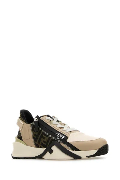 Fendi Beige Leather Sneakers With Ff Motif In Brown