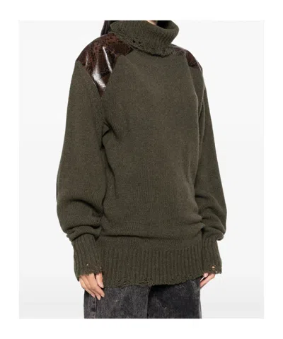 Stella Mccartney Snakeskin-embossed Leather Patch Turtleneck Sweater In Green
