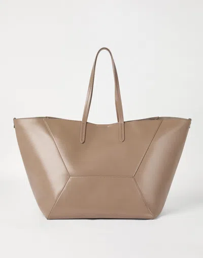 Brunello Cucinelli Beige Tote Bag With Logo Lettering On The Front And Geometric Panels Design In Leather Woman In Brown