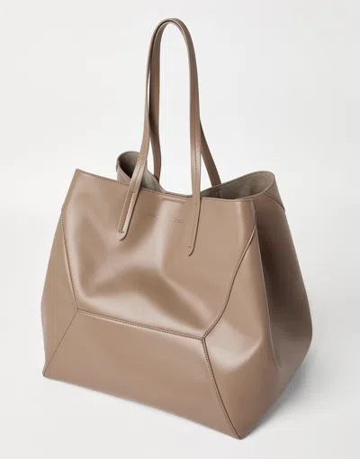 Brunello Cucinelli Beige Tote Bag With Logo Lettering On The Front And Geometric Panels Design In Leather Woman In Brown