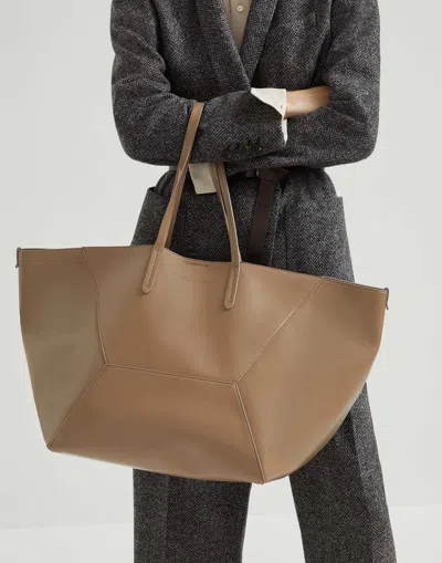 Brunello Cucinelli Beige Tote Bag With Logo Lettering On The Front And Geometric Panels Design In Leather Woman In Brown