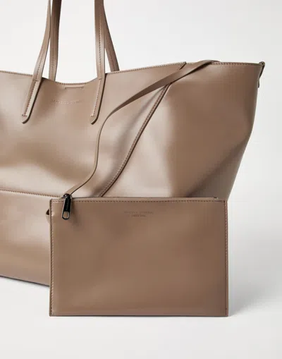 Brunello Cucinelli Beige Tote Bag With Logo Lettering On The Front And Geometric Panels Design In Leather Woman In Brown