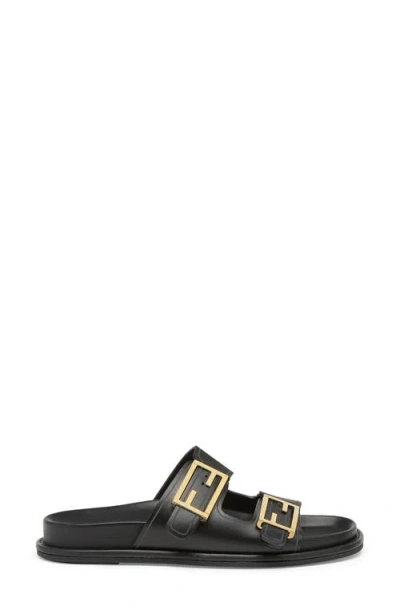 Fendi F Buckle Leather Slide Sandals In Black