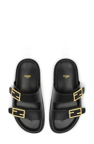 Fendi F Buckle Leather Slide Sandals In Black