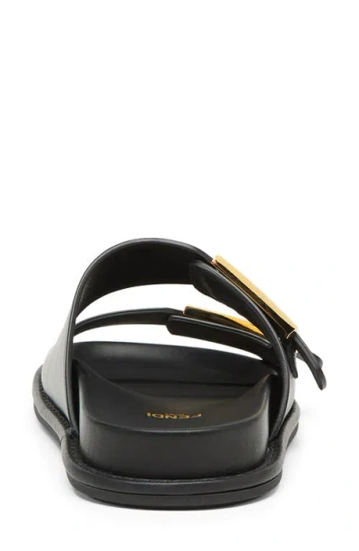 Fendi F Buckle Leather Slide Sandals In Black