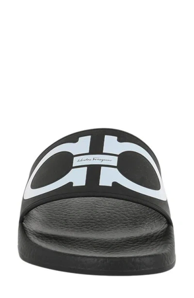 Ferragamo Gancini-print Open-toe Slides In Nero White