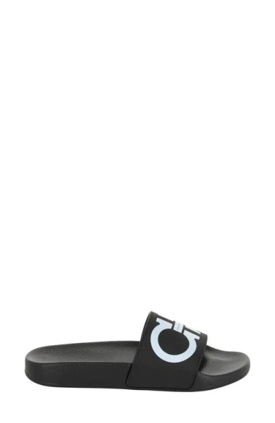 Ferragamo Gancini-print Open-toe Slides In Nero White