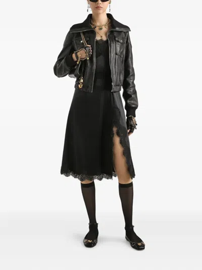 Dolce & Gabbana Black Lamb Leather Jacket With Ribbed Detailing In Black