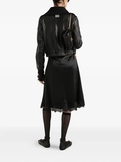 Dolce & Gabbana Black Lamb Leather Jacket With Ribbed Detailing In Black