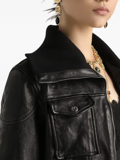 Dolce & Gabbana Black Lamb Leather Jacket With Ribbed Detailing In Black