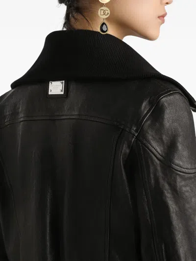Dolce & Gabbana Black Lamb Leather Jacket With Ribbed Detailing In Black